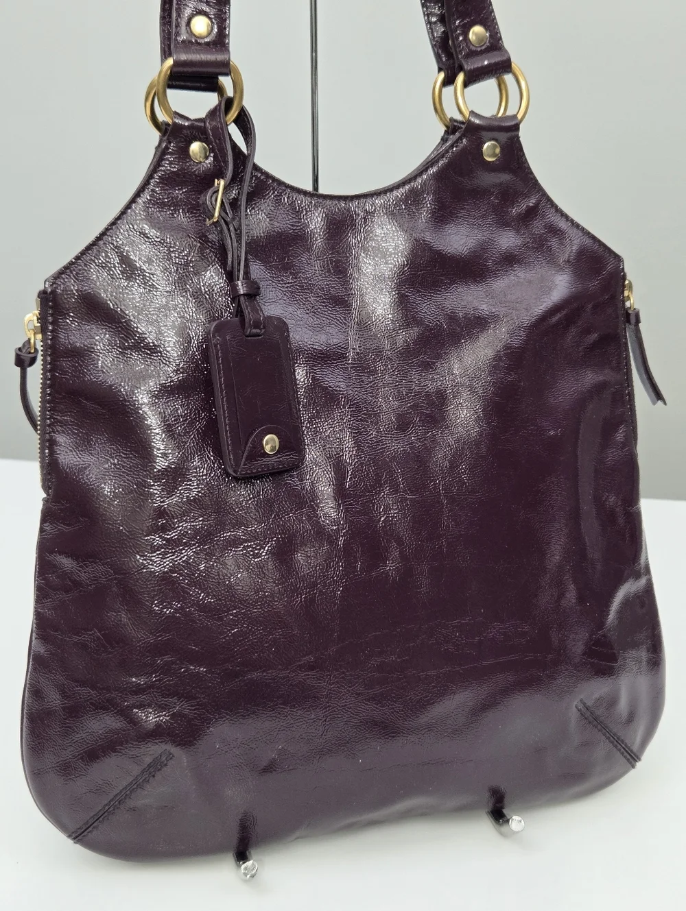 YSL YVES SAINT LAURENT SAC METROPOLIS / TRIBUTE BAG AUBERGINE EGGPLANT PATENT - Picture 3 of 10